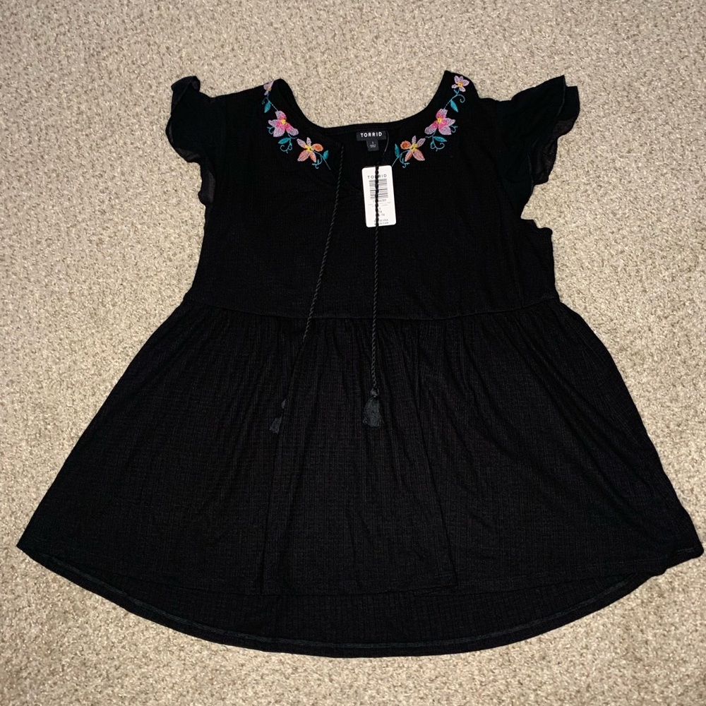 Torrid Black Embroidered Mesh Sleeve Babydoll Top 1 (1X 14-16)